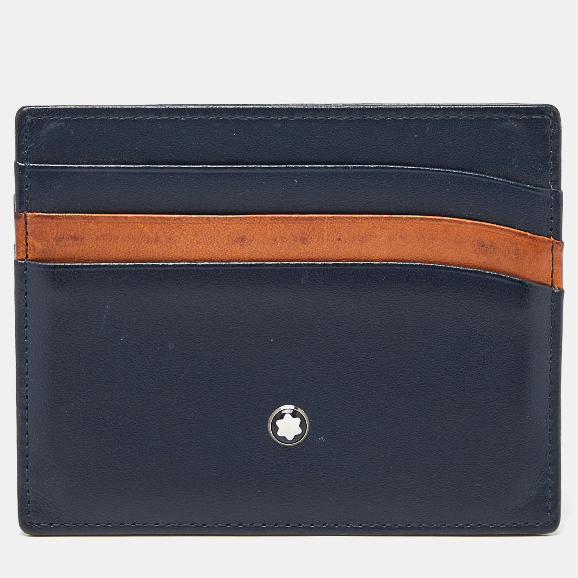 Pre-owned Montblanc Blue/tan Leather Meisterstuck Card Holder 6cc