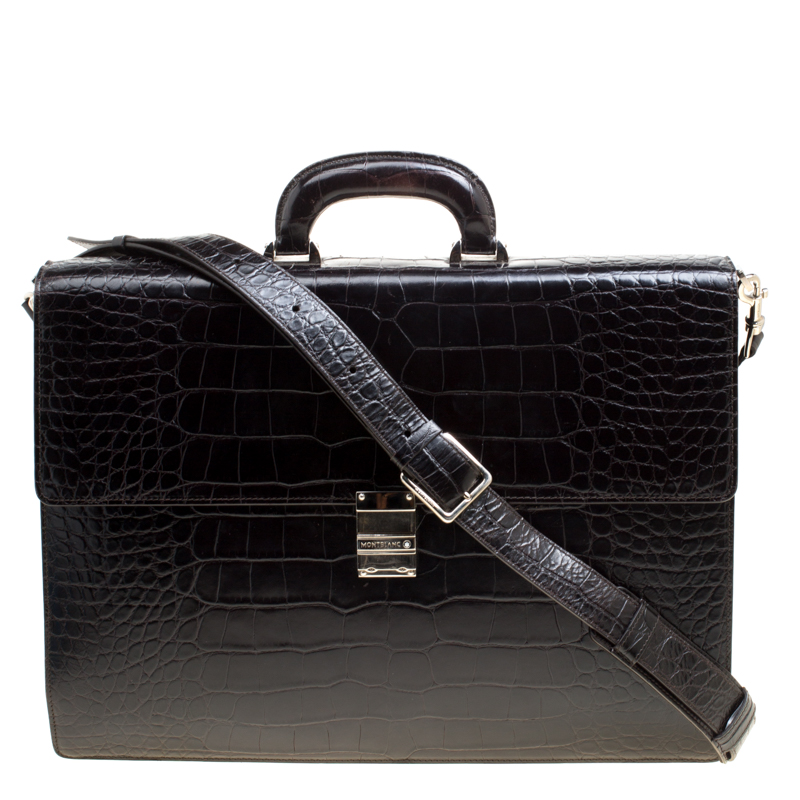 Montblanc Black Alligator Embossed Leather Double Gusset Briefcase