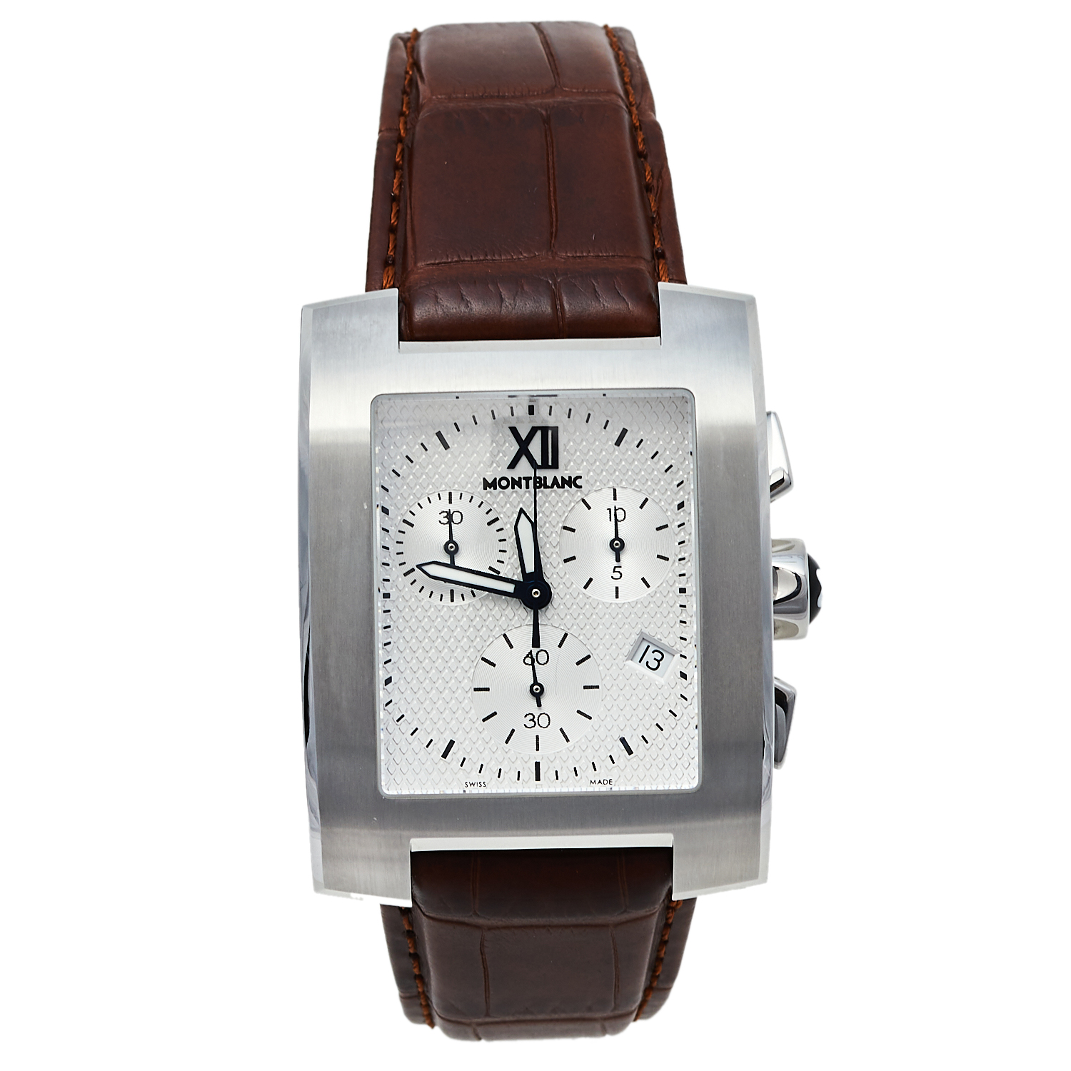 Pre-owned Montblanc Silver Stainless Steel Leather Profile Xl 101560 Men's Wristwatch 33 Mm