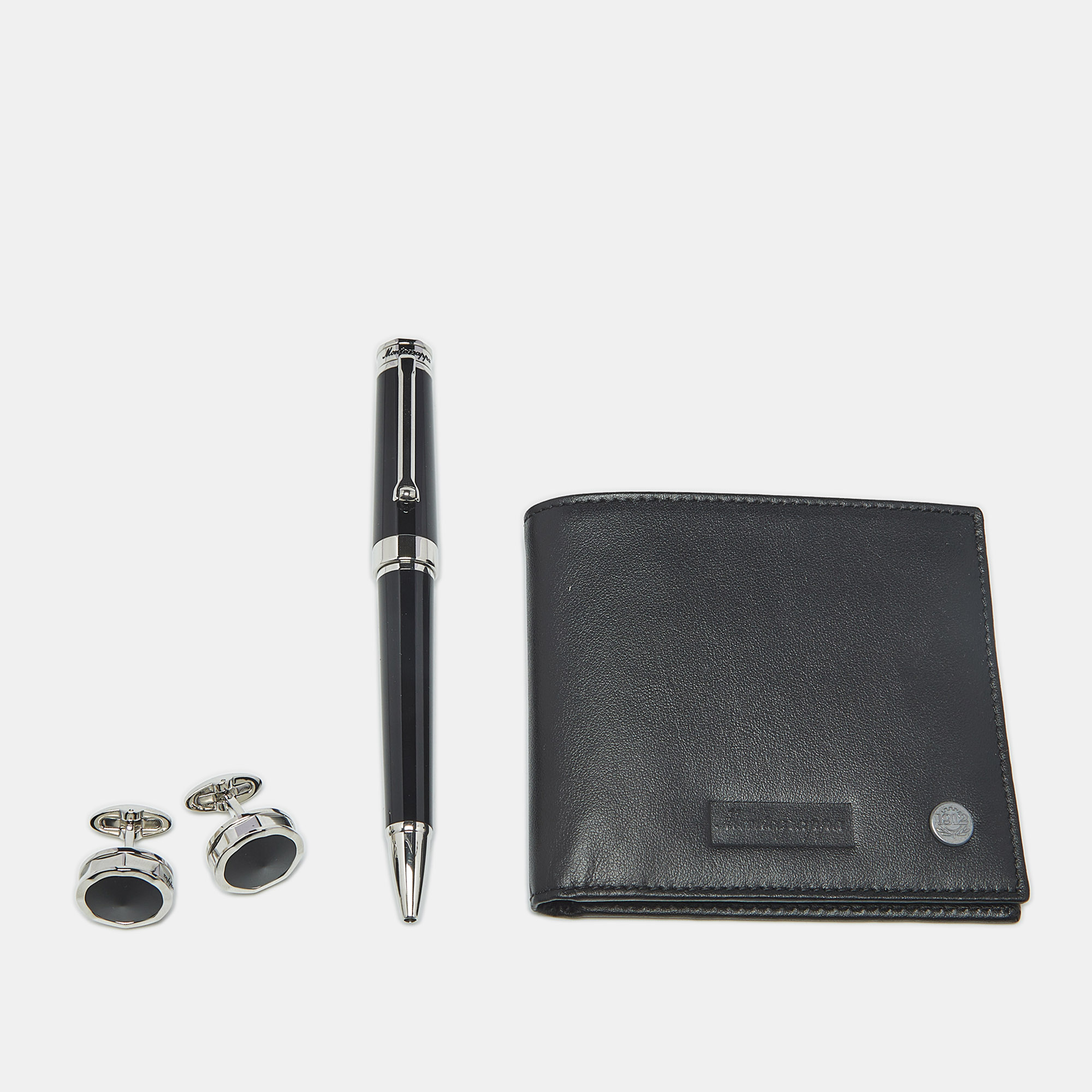 Pre-owned Montegrappa Resin Leather Silver Tone Pen Set