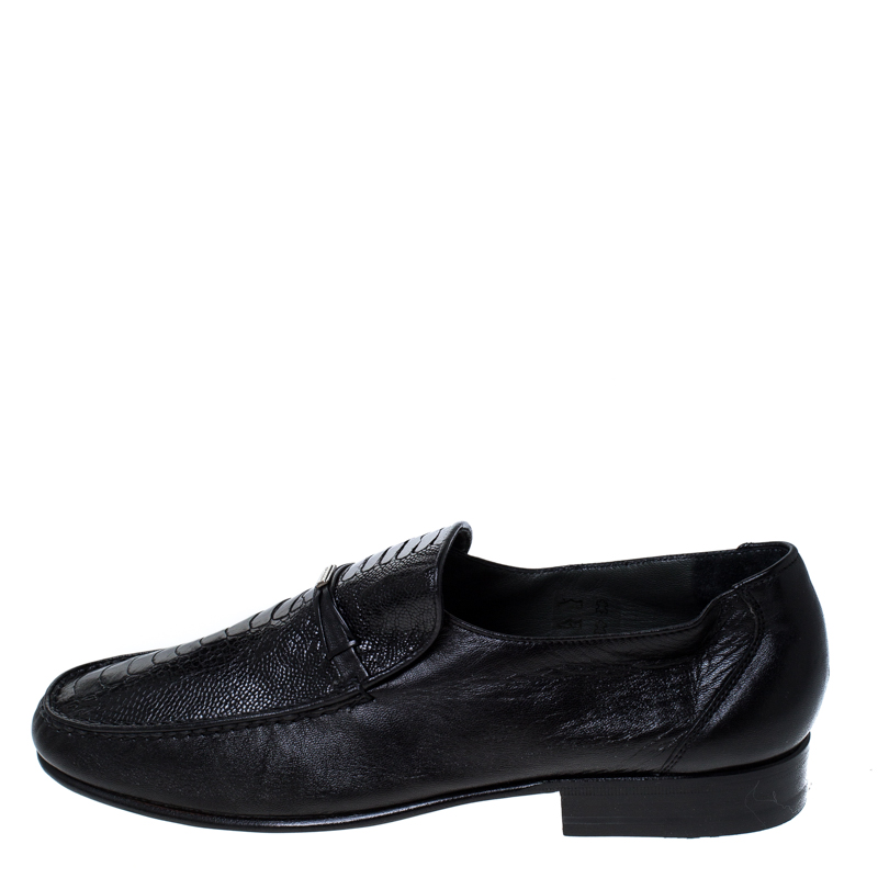 

Moreschi Black Leather And Ostrich Trim Slip On Loafers Size