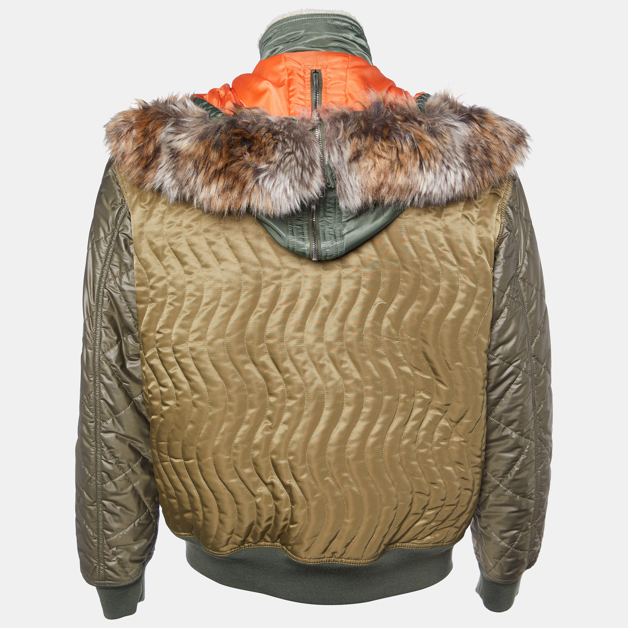 

Moschino Couture Green & Orange Quilted Faux Fur Detail Hooded Jacket