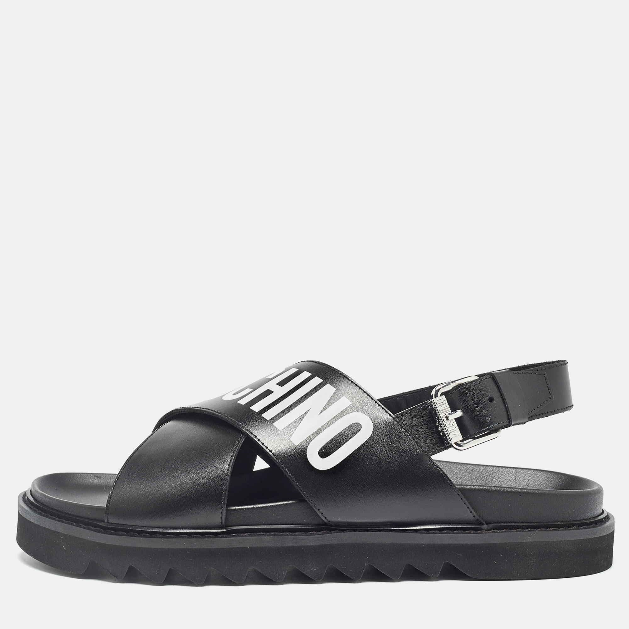 

Moschino Black Leather Logo Crisscross Flat Sandals Size