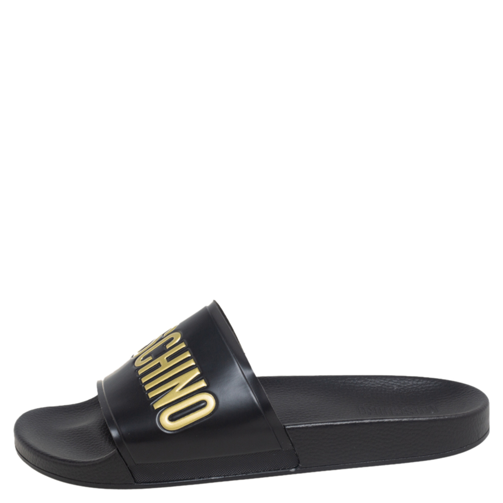 

Moschino Black Rubber Logo Slide Sandals Size