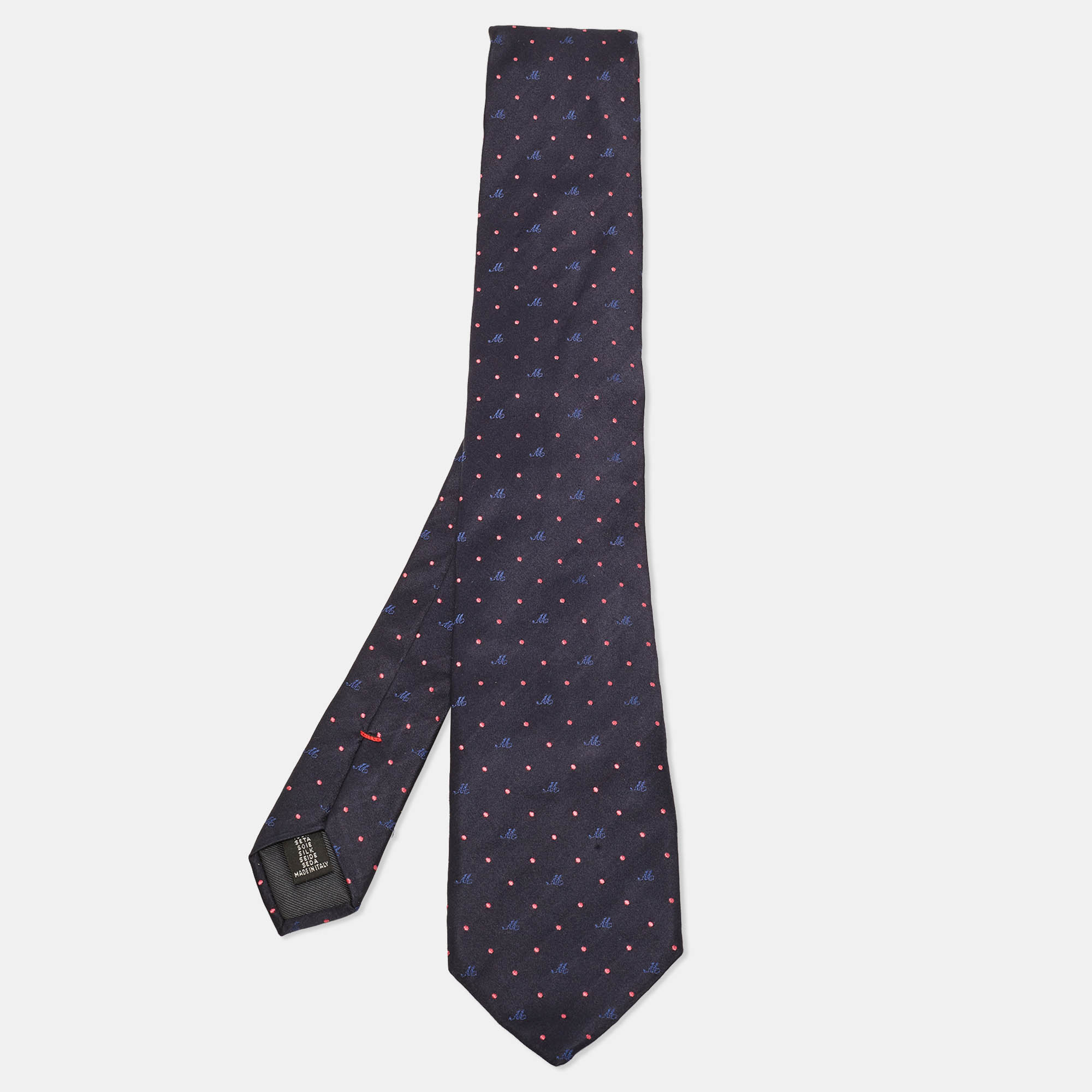 

Moschino Navy Blue Monogram Polka Dot Silk Jacquard Classic Tie