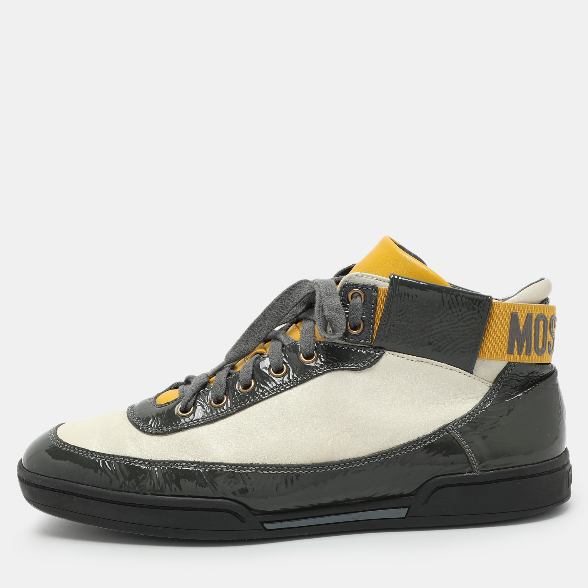 

Moschino Tricolor Patent and Leather High Top Sneakers Size, Grey