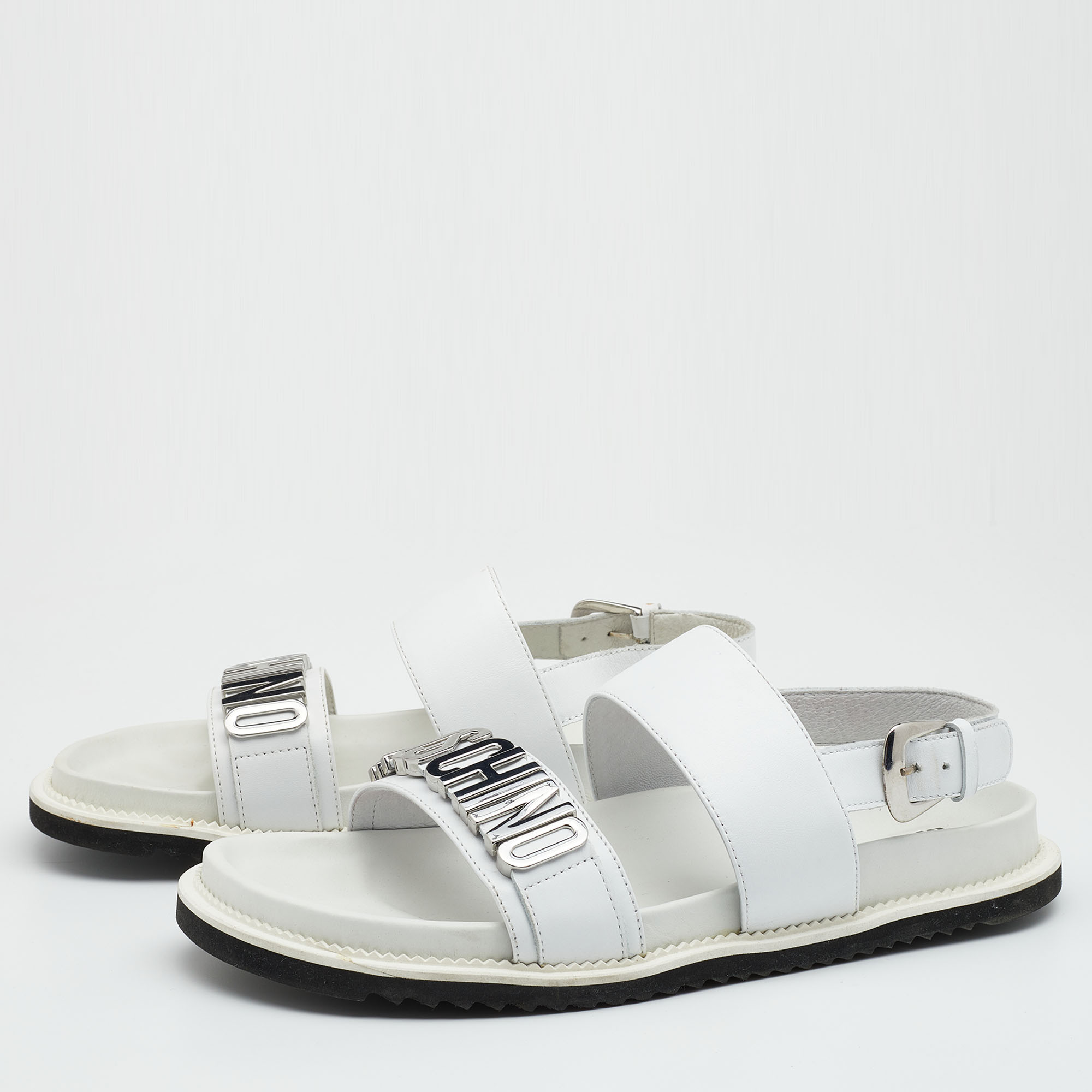 

Moschino White Leather Logo Plaque Flat Sandals Size