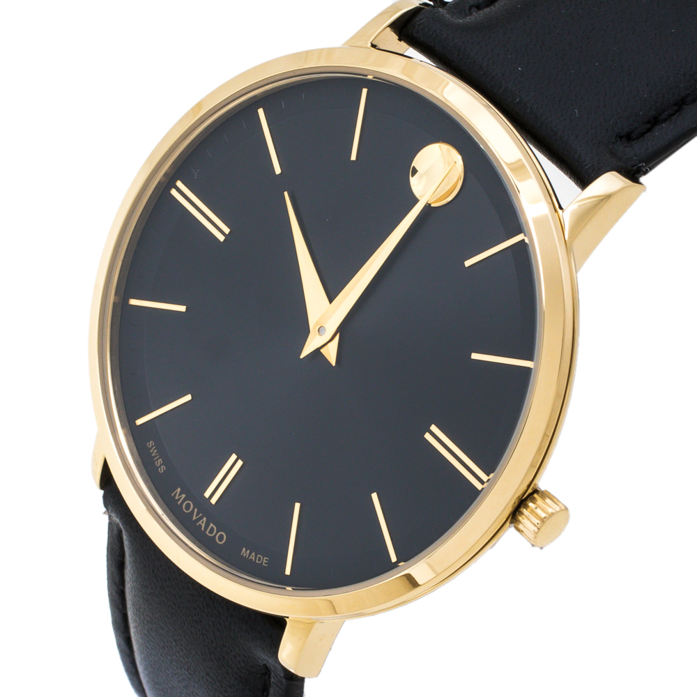 

Movado Black Gold Tone Stainless Steel Leather Ultra Slim