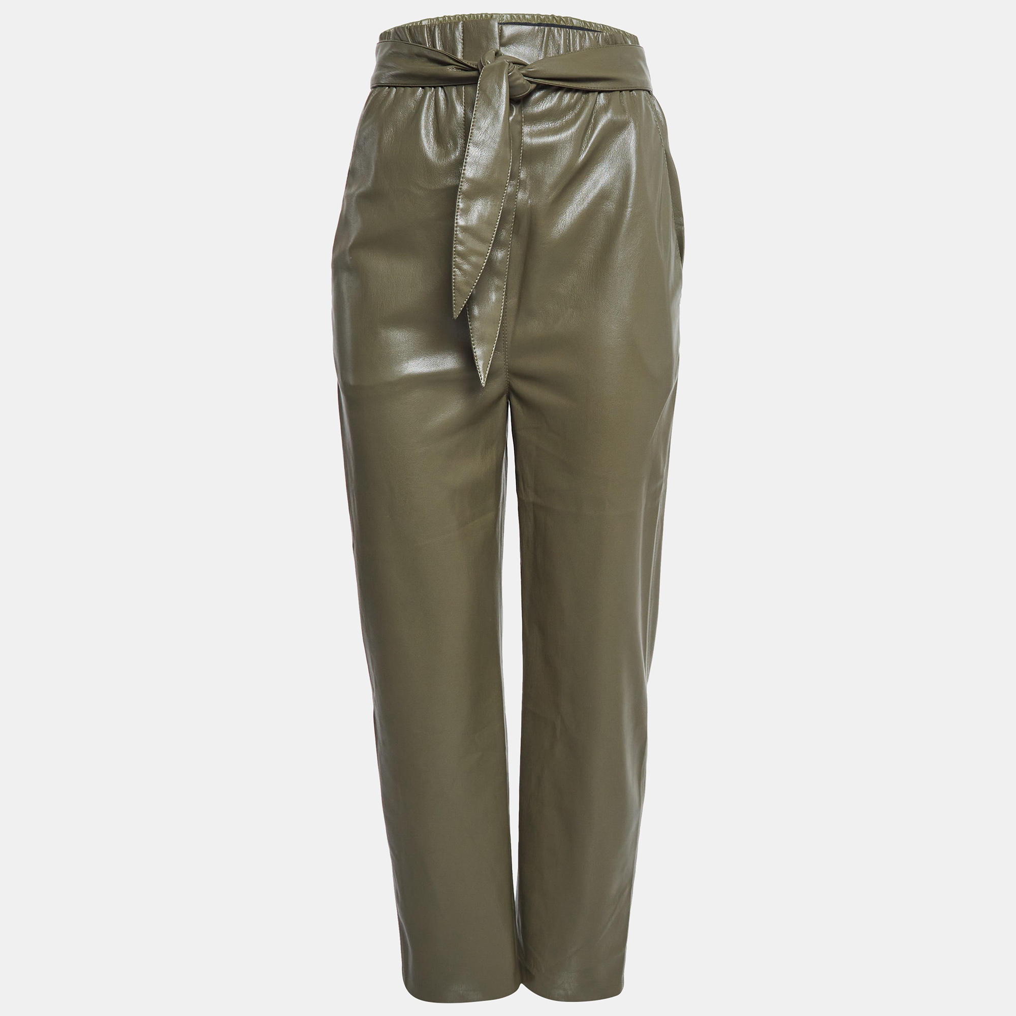 

Nanushka Green Faux Leather High Rise Belted Pants S