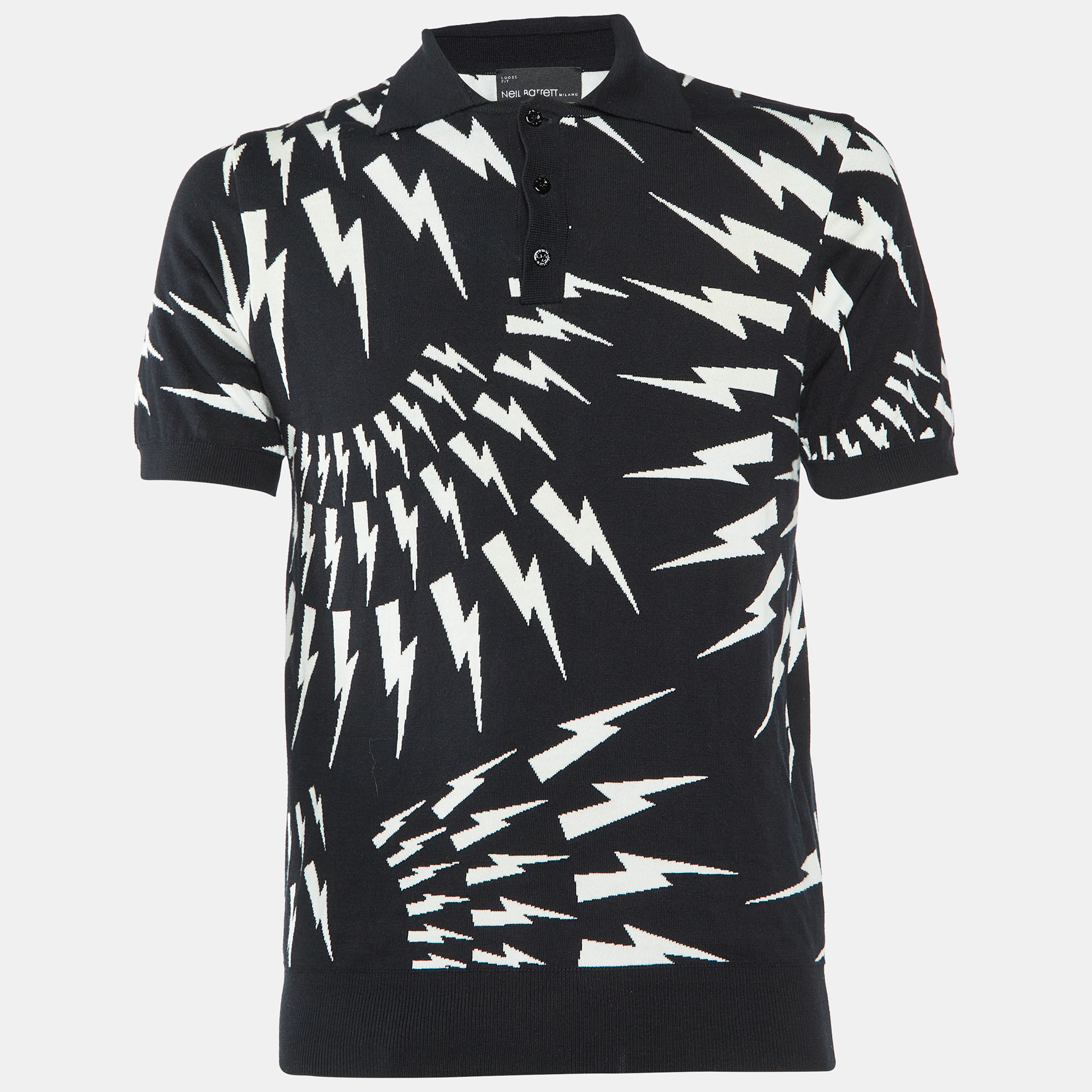 

Neil Barrett Black Thunder Bolt Pattern Cotton Polo T-Shirt M