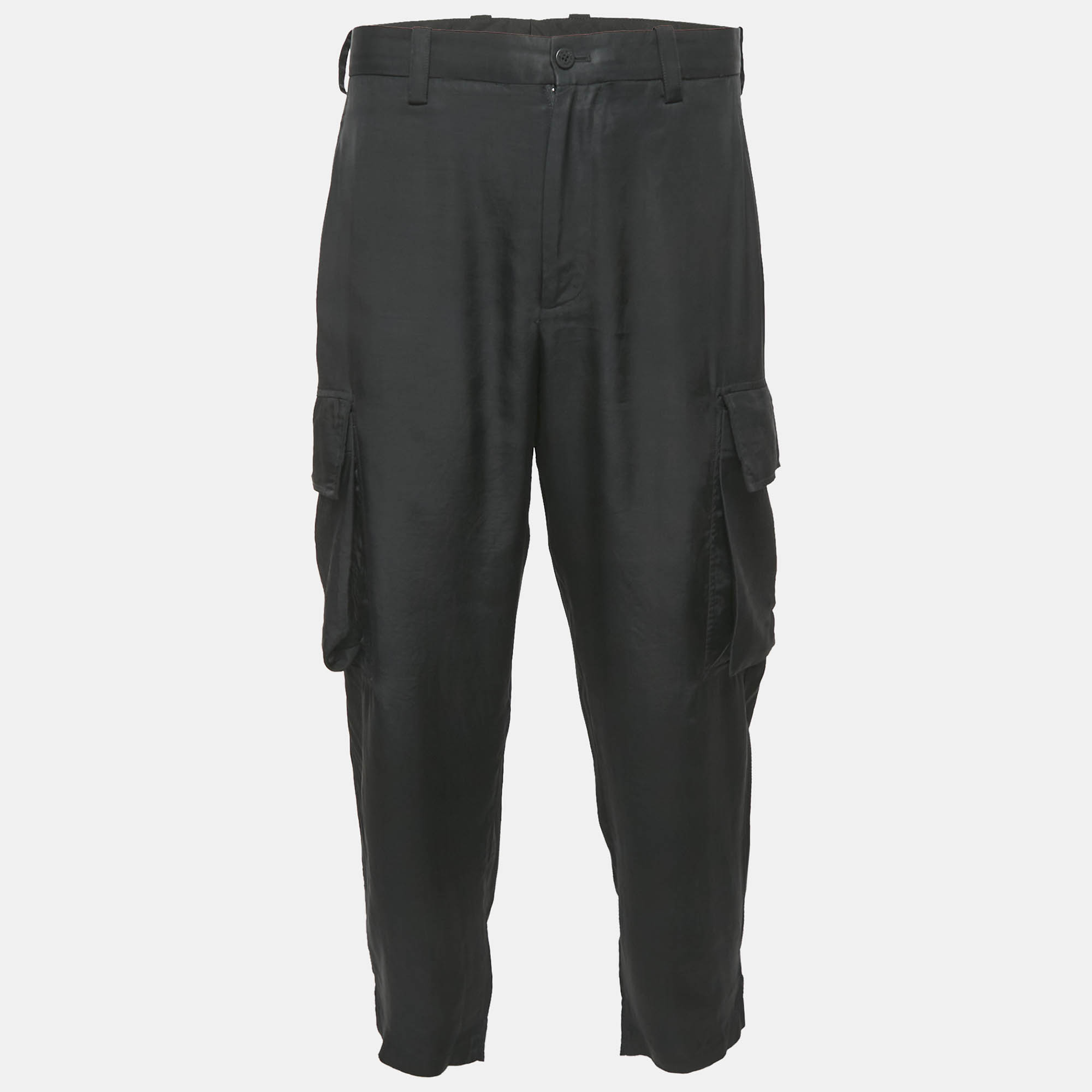 

Neil Barrett Black Gabardine Loose Fireman Cargo Trousers XL