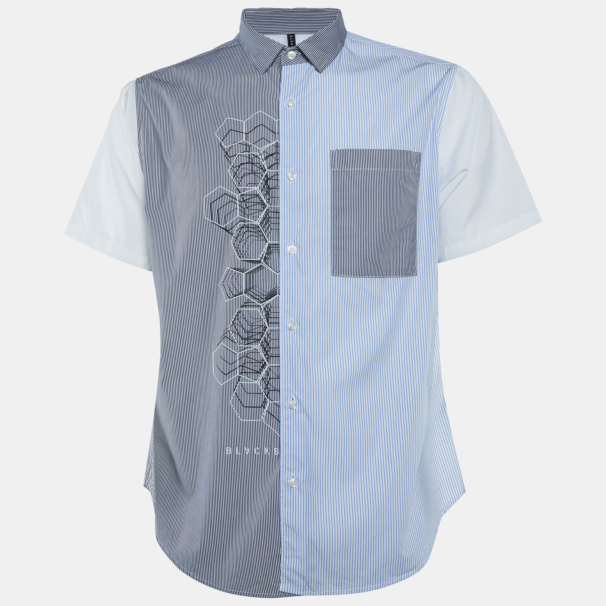 

Black Barett by Neil Barrett White Striped Cotton Paneled Short Sleeve Shirt S
