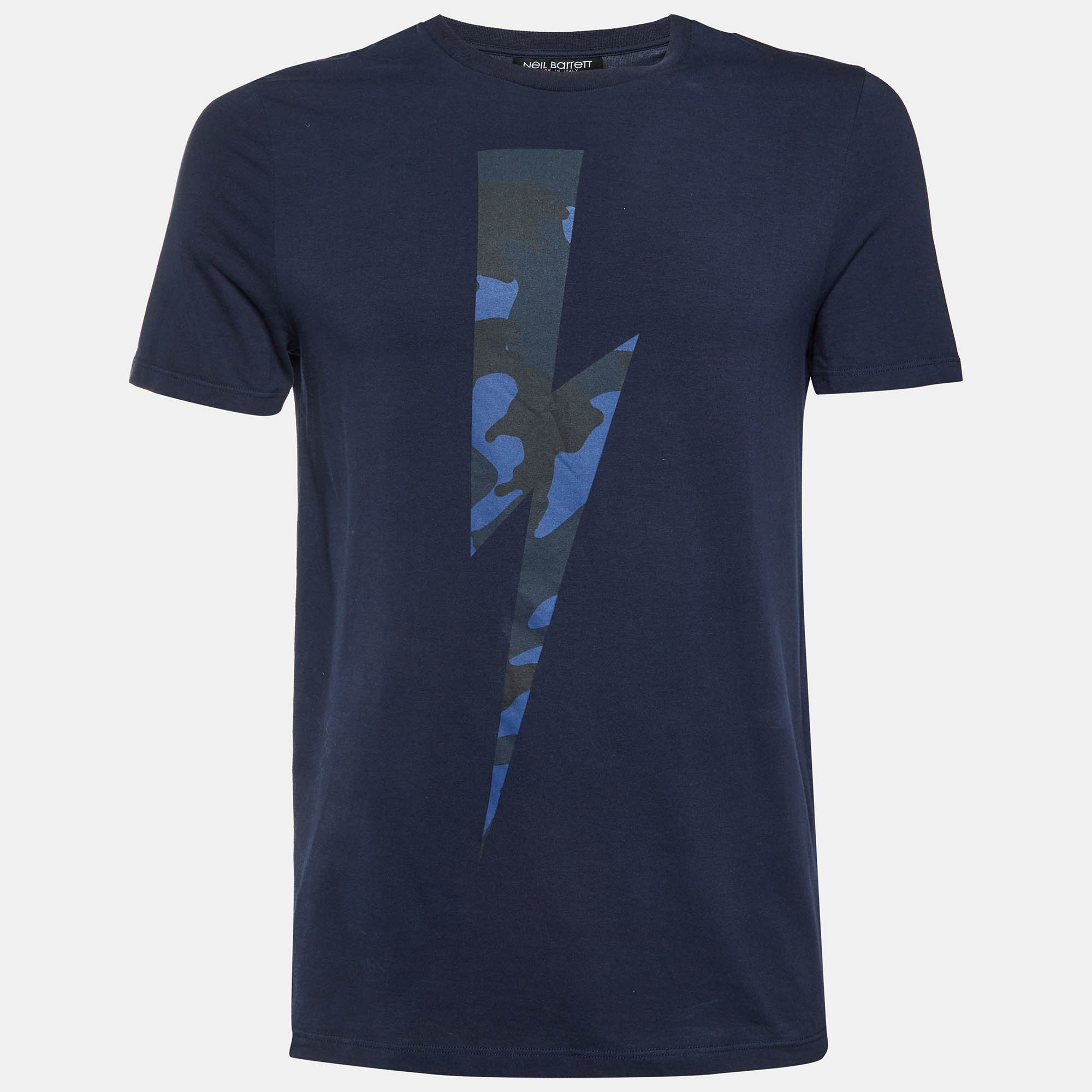 

Neil Barrett Navy Blue Lightning Bolt Print Cotton Crew Neck T-Shirt S