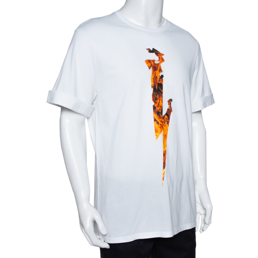 

Neil Barrett White Flame Thunderbolt Print Cotton Rolled Up T-Shirt