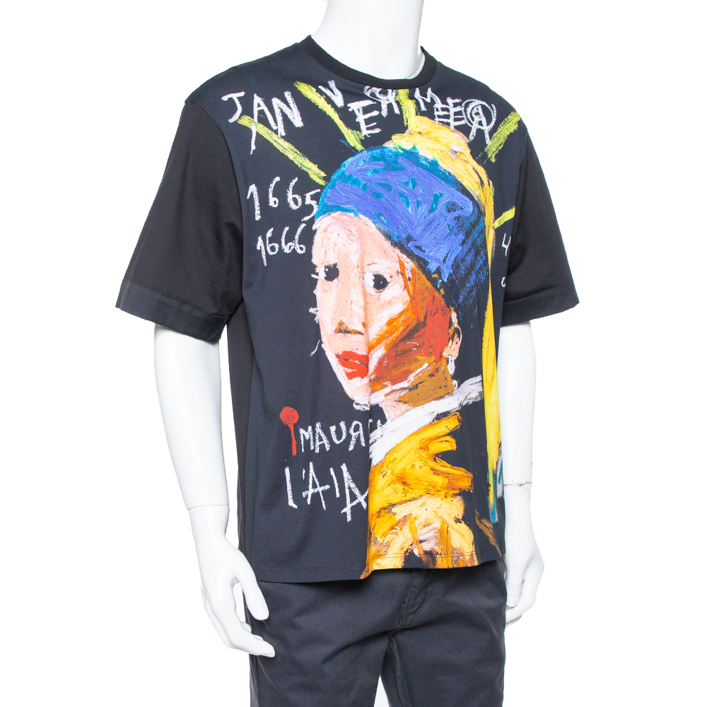 

Neil Barrett Black Girl With The Pearl Earring Printed Cotton Crewneck T-Shirt