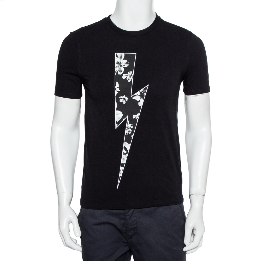 

Neil Barrett Black Floral Bolt Printed Crewneck T-Shirt
