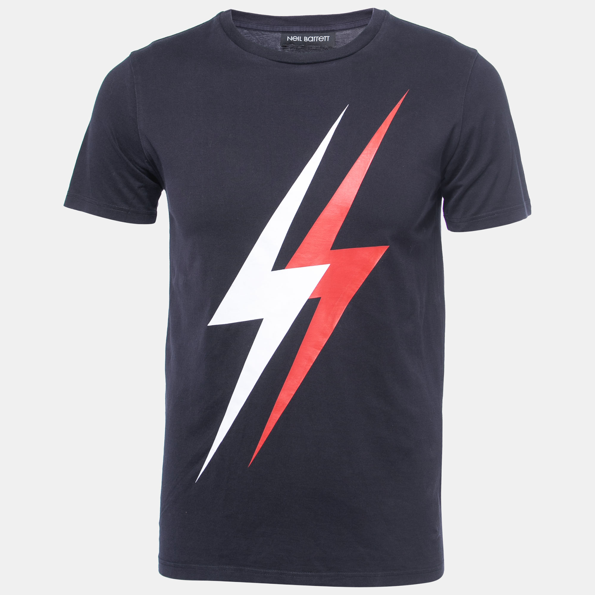 Navy Blue Lightning Bolt Print Cotton Slim Fit T-Shirt
