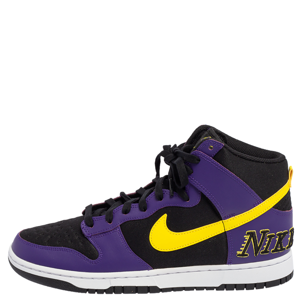 

Nike Black/Purple Canvas and Leather Dunk Lakers High Top Sneakers Size