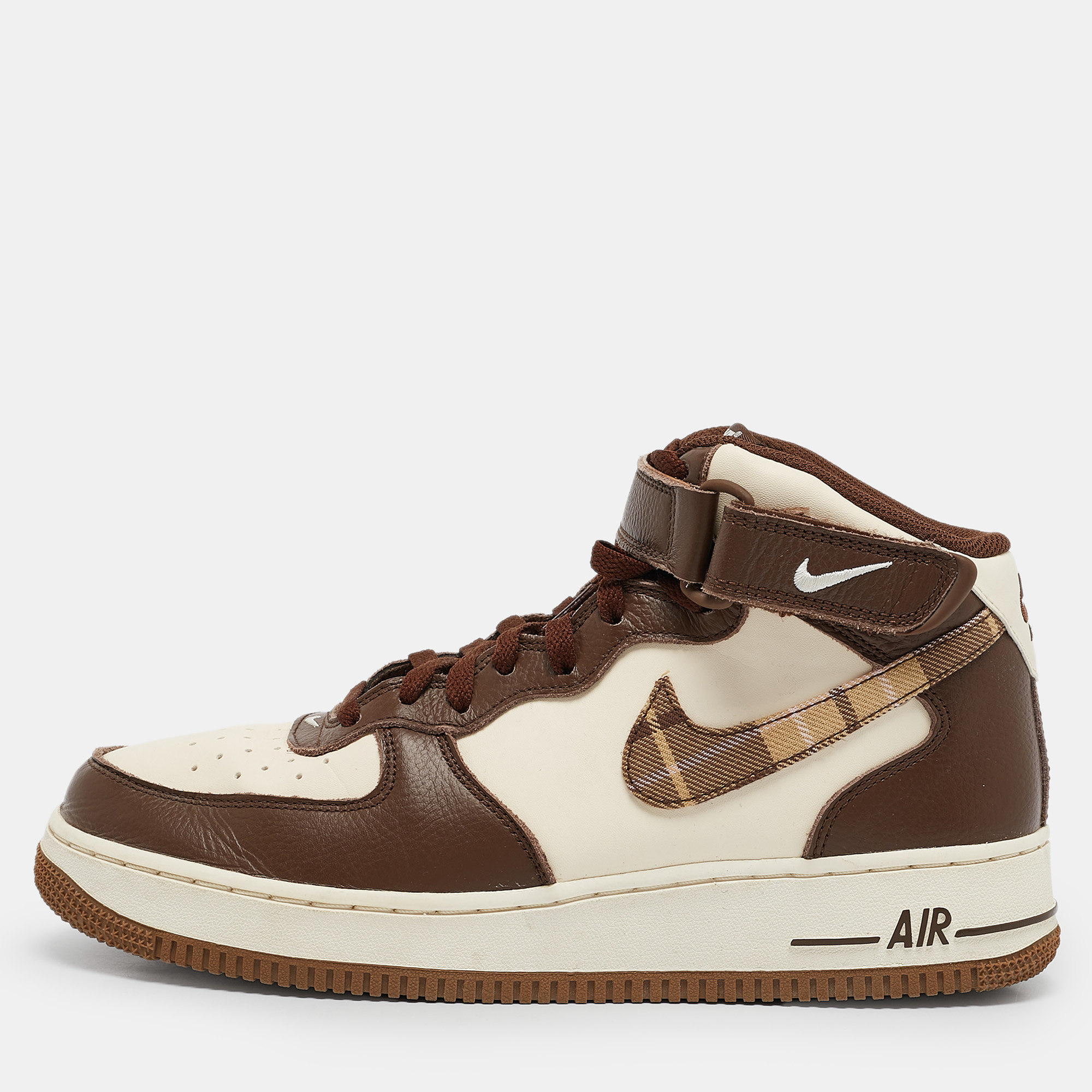 

Nike Brown/Beige Leather Air Force 1 Mid '07 Brown Plaid Sneakers Size 43