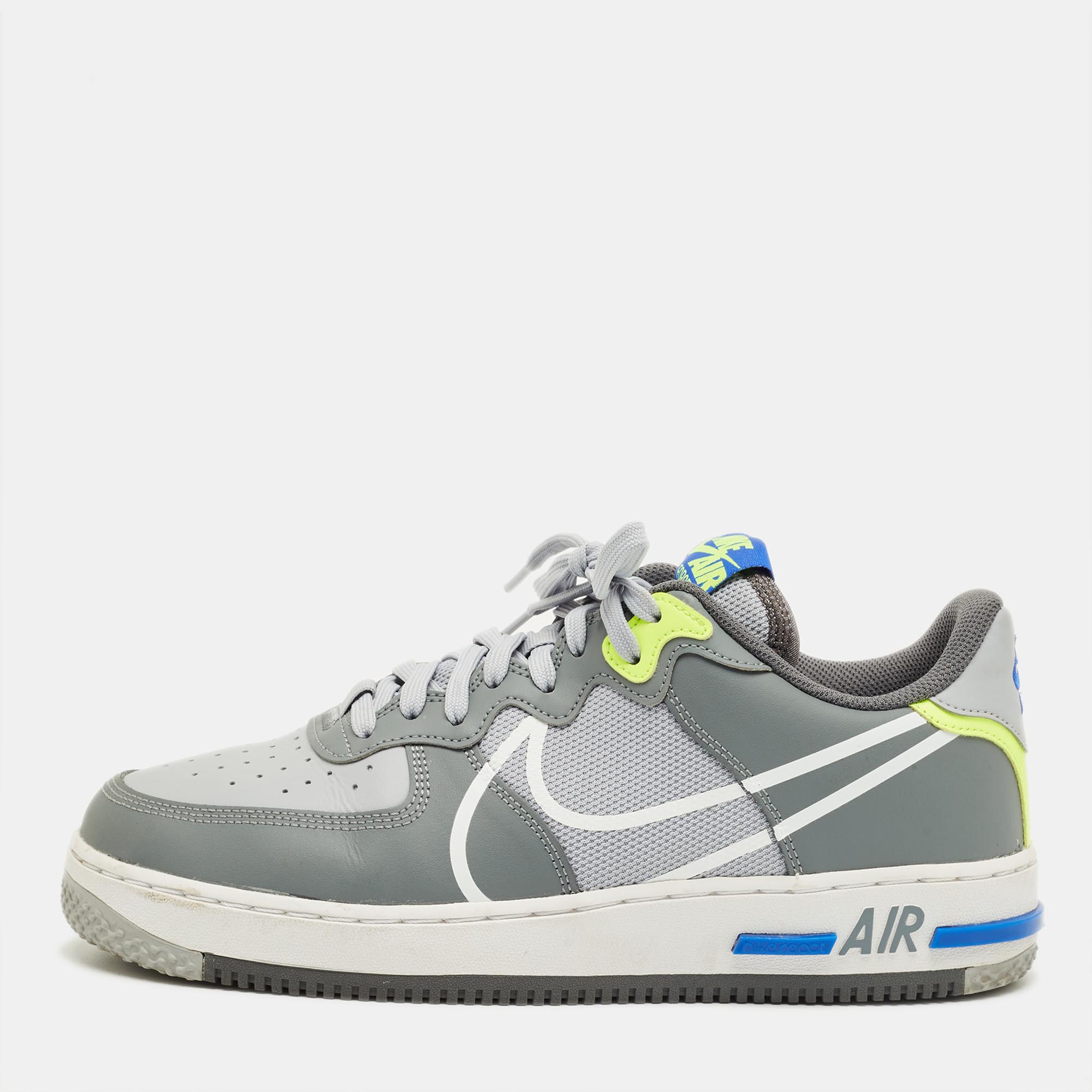 

Nike Grey Leather and Canvas Air Force 1 React Wolf Grey Sneakers Size 44.5