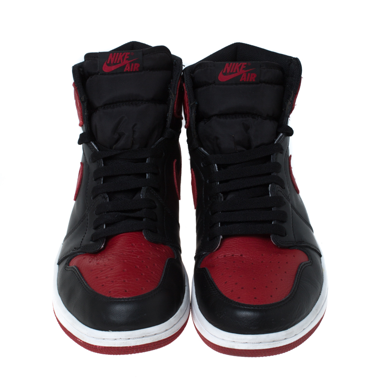 Nike Black And Red Leather Air Jordan 1 Retro High Top Lace Up Sneakers ...