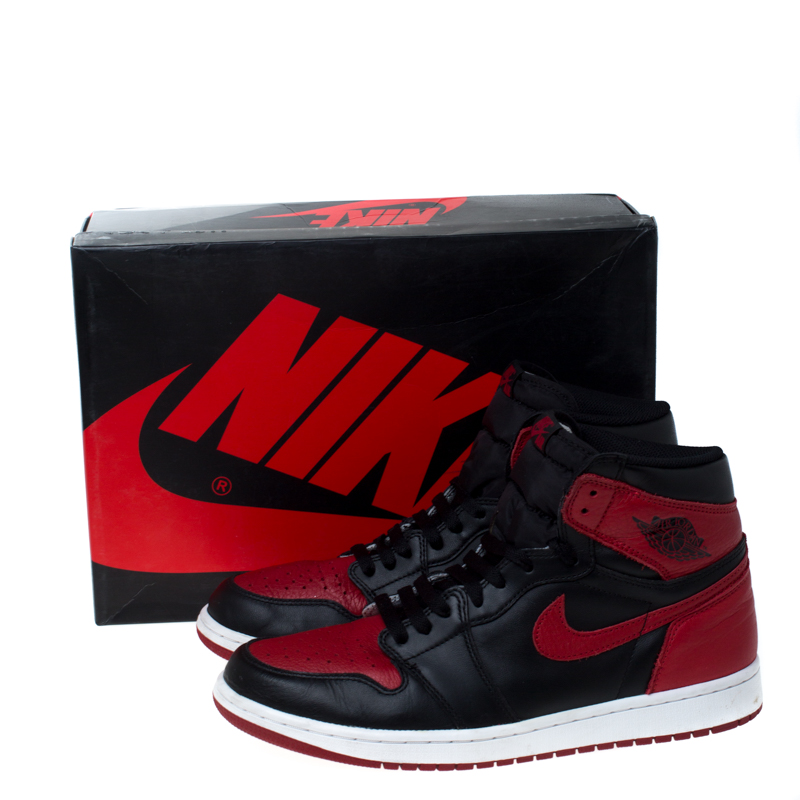 Nike Black And Red Leather Air Jordan 1 Retro High Top Lace Up Sneakers  Size 43.5 Nike