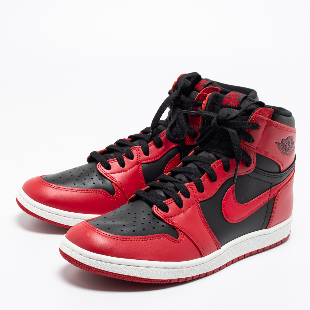 

Nike Red/Black Leather Air Jordan 1 High Top Sneakers Size