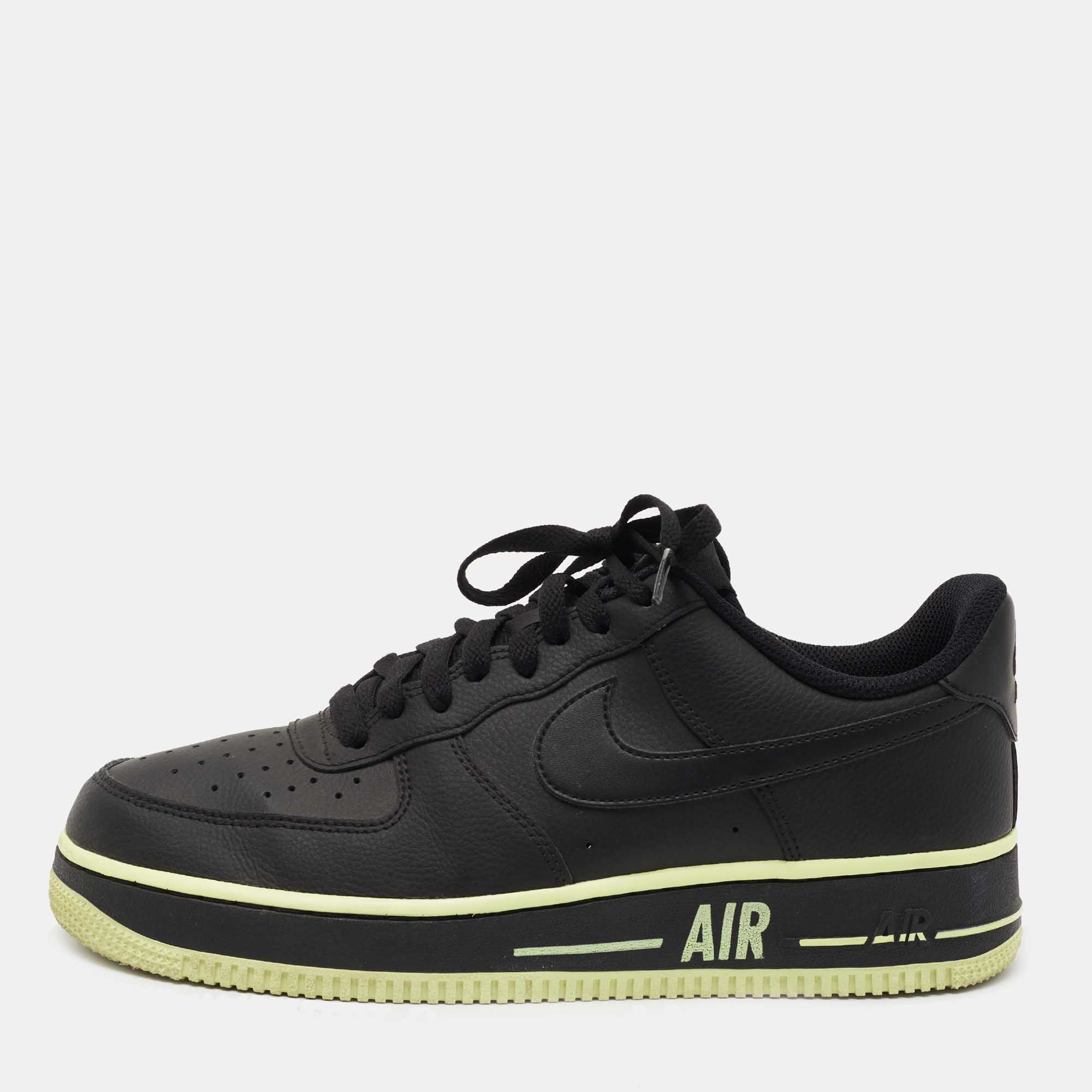 Pre-owned Nike Air Force 1 Black Leather Low Black Volt Sneakers Size 42.5