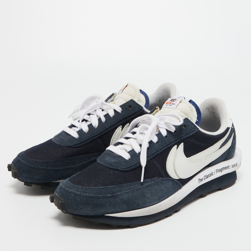 

Nike x Sacai Navy Blue/White Mesh And Suede Vaporwaffle Low Top Sneakers Size