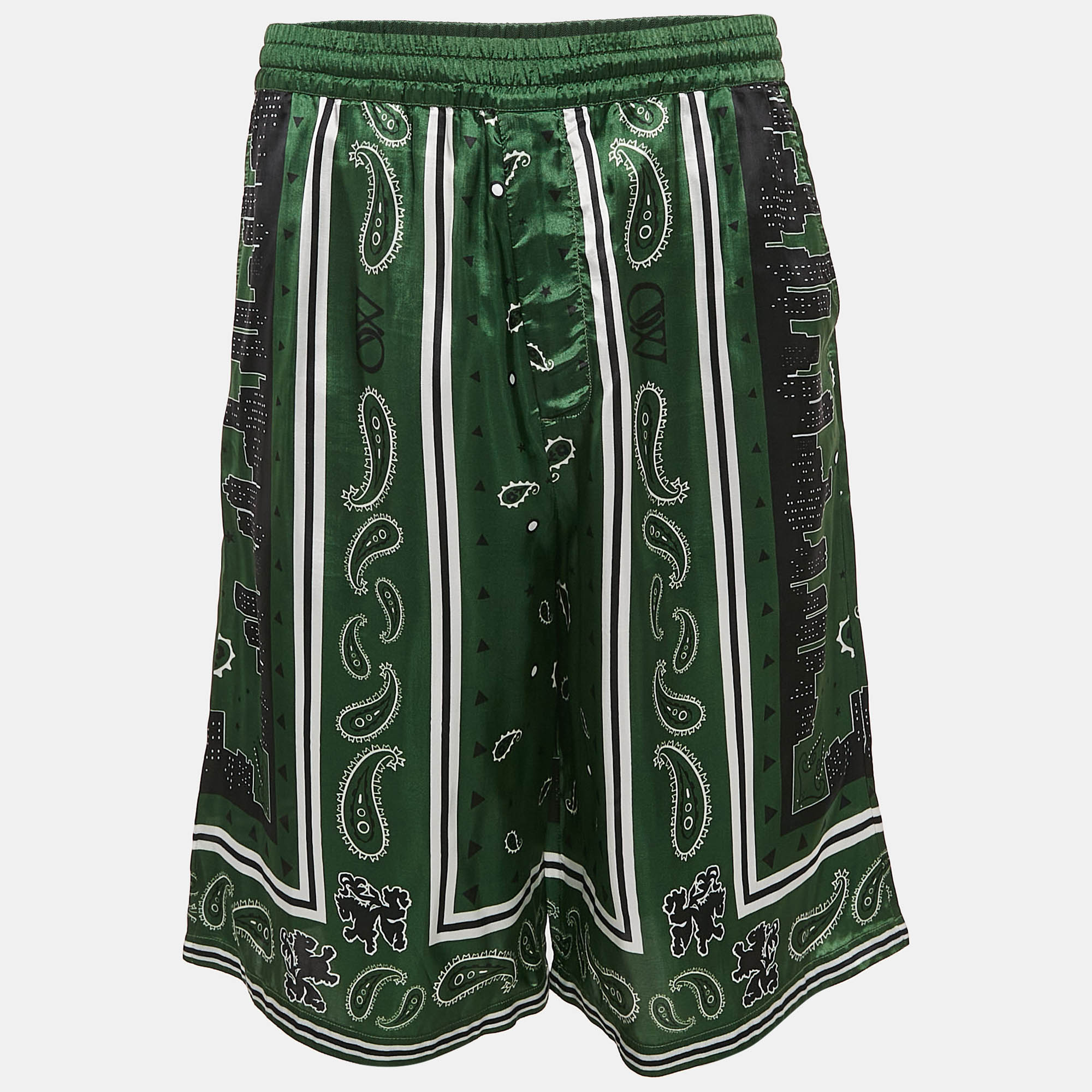 

Off-White Green Paisley Print Satin Bermuda Shorts M