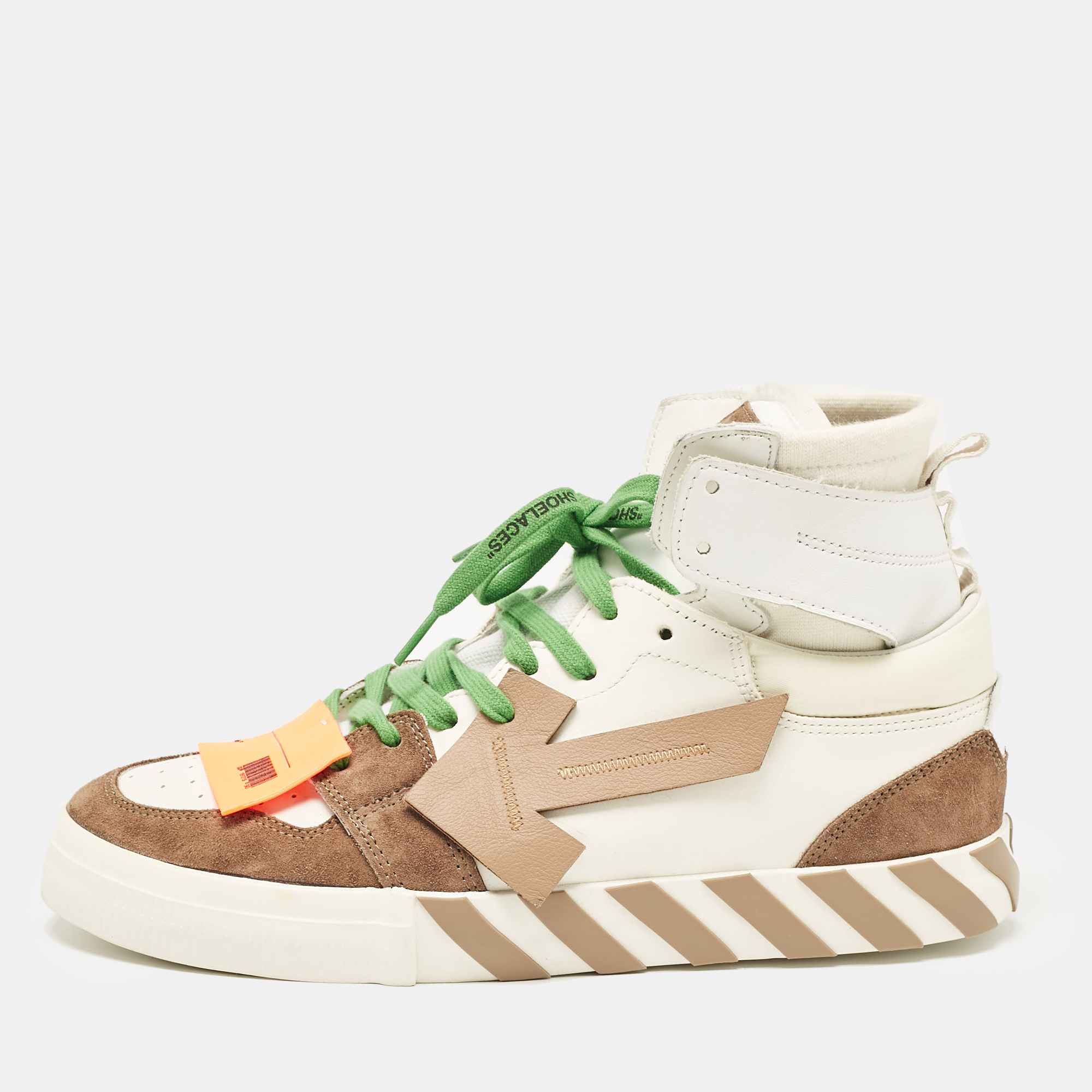 

Off-White White/Brown Leather and Suede Vulcanized High Top Sneakers Size