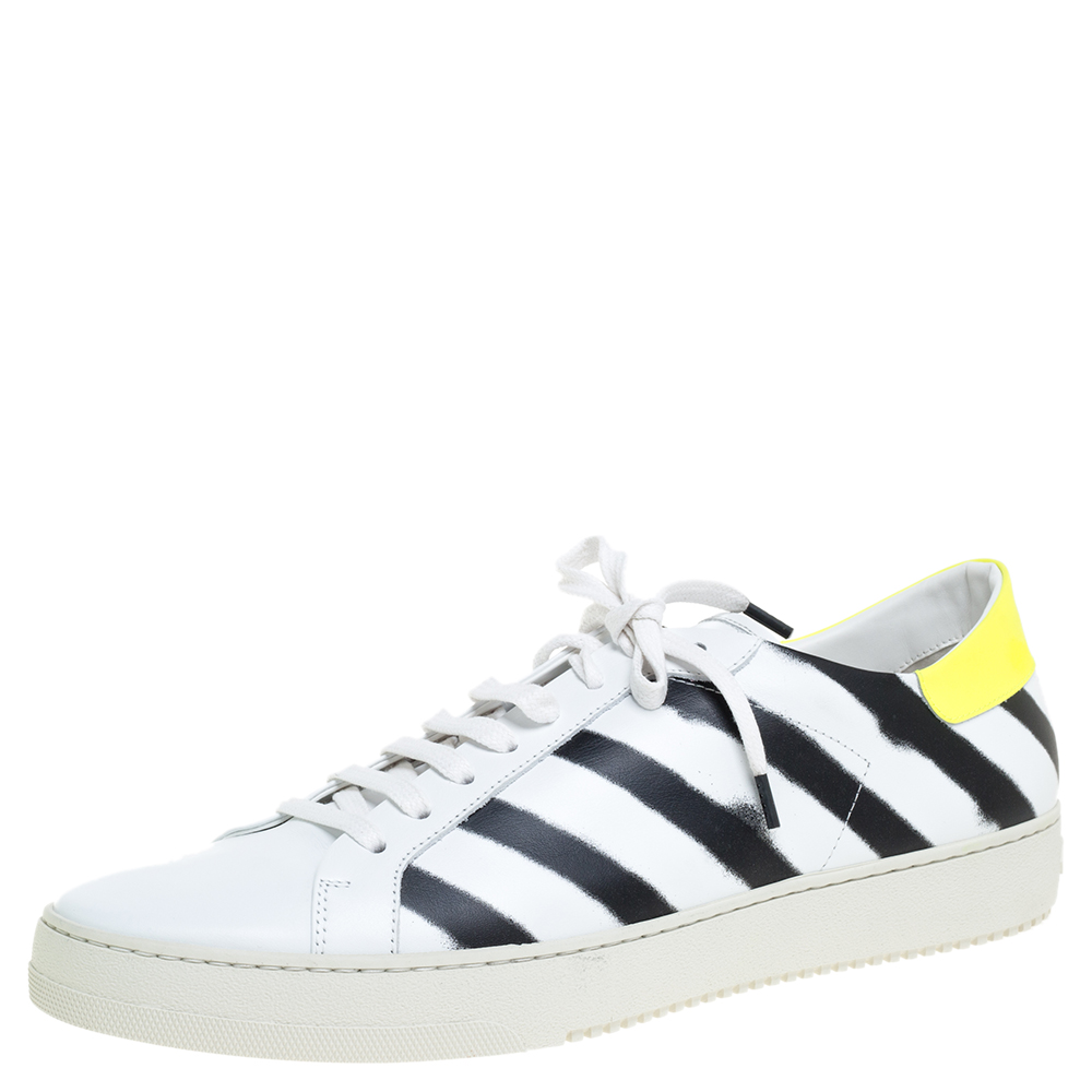 Pre Owned Off White White Leather Diagonal Spray Low Top Sneakers Size 45