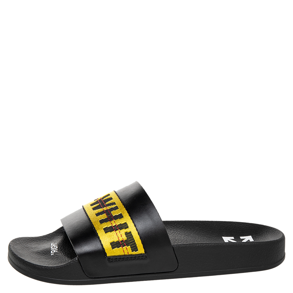 

Off-White Black/Yellow Leather Logo Slide Sandals Size