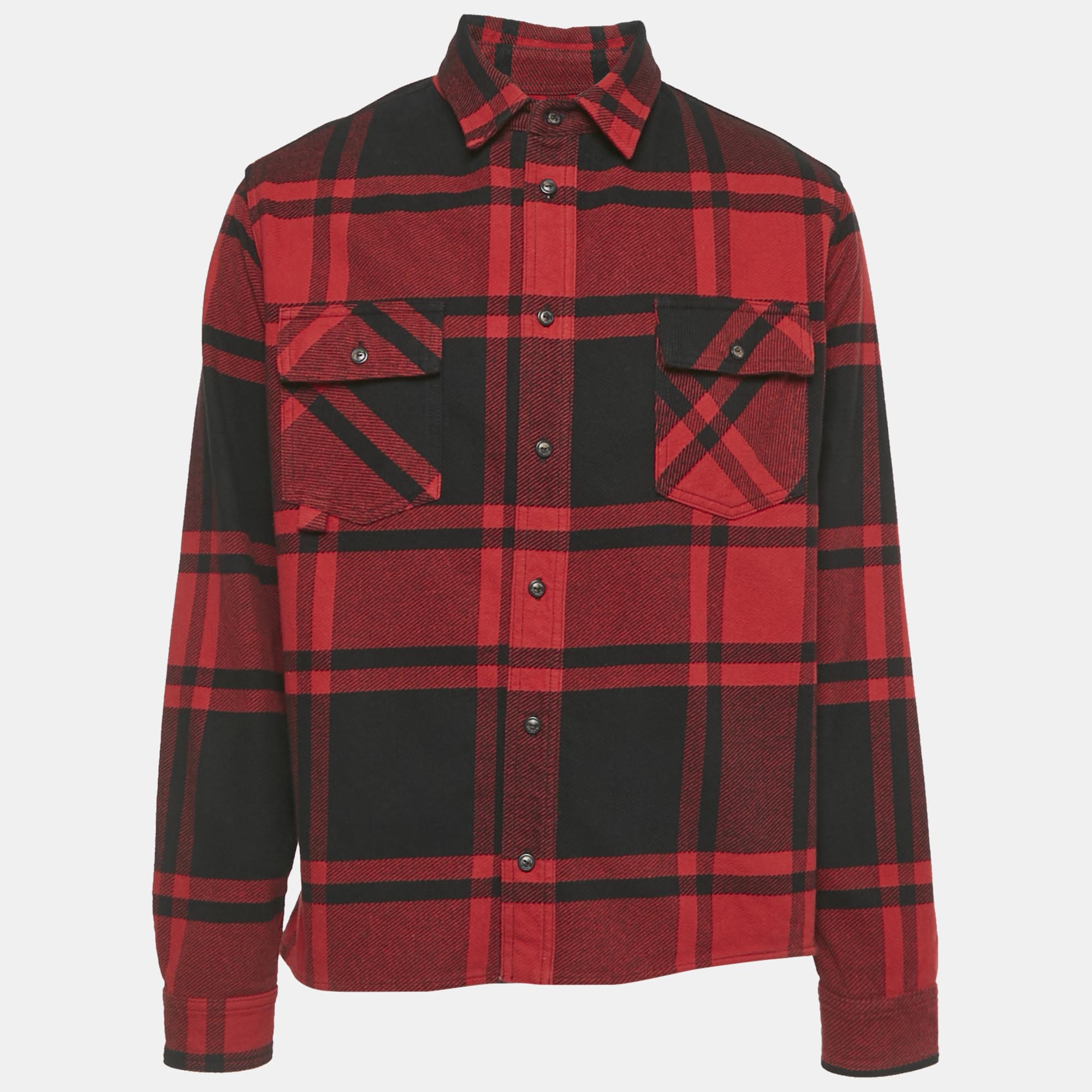

Off-White Red Logo Print Flannel Cotton Button Front Shirt L
