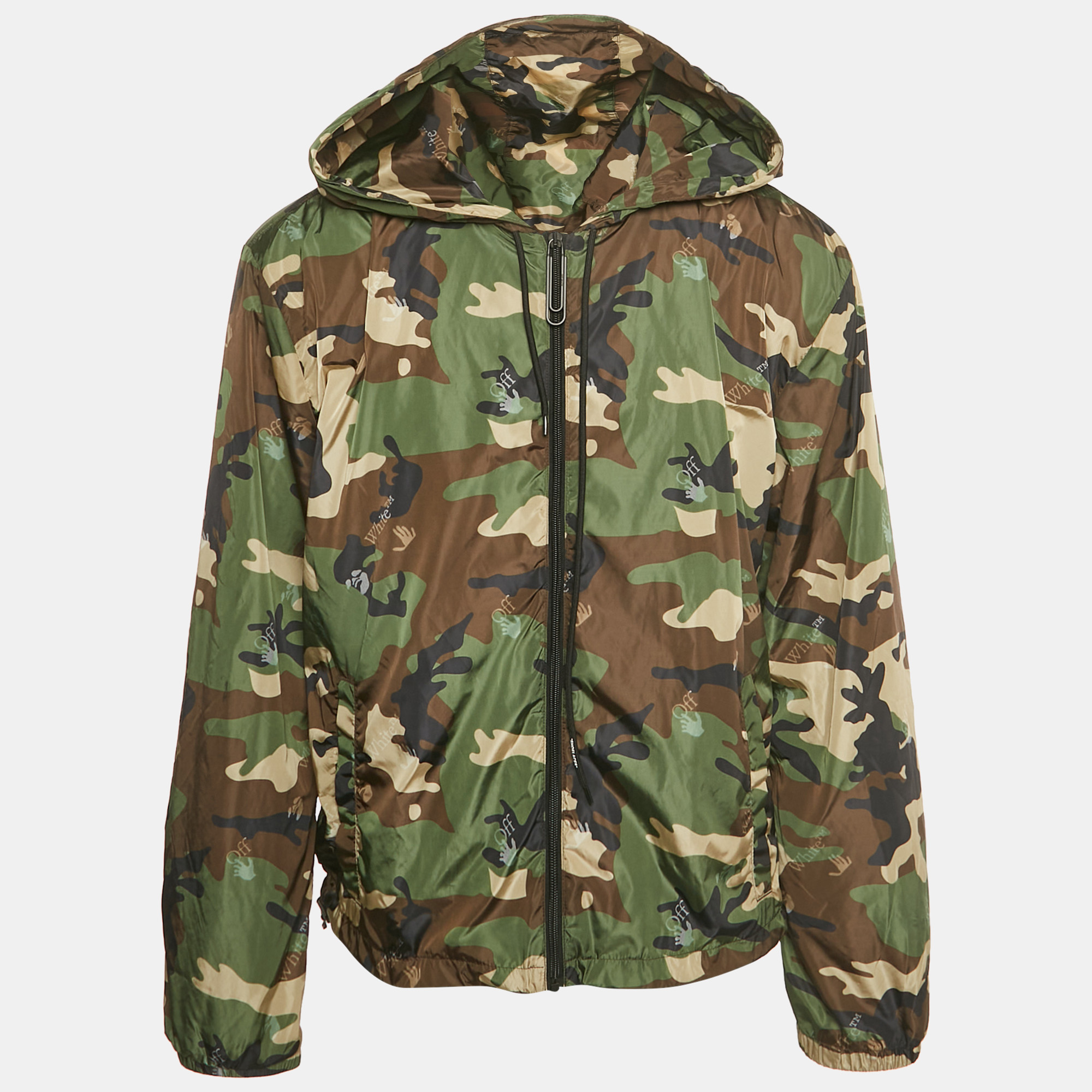 

Off-White Brown Camouflage Logo Print Nylon Hooded Windbreaker Jacket L