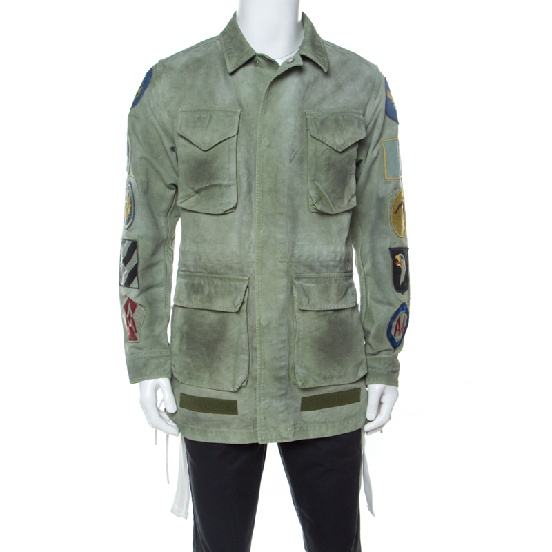 Off White Khaki Green Cotton Worn Out Look Patch Appliqué Field Jacket XS