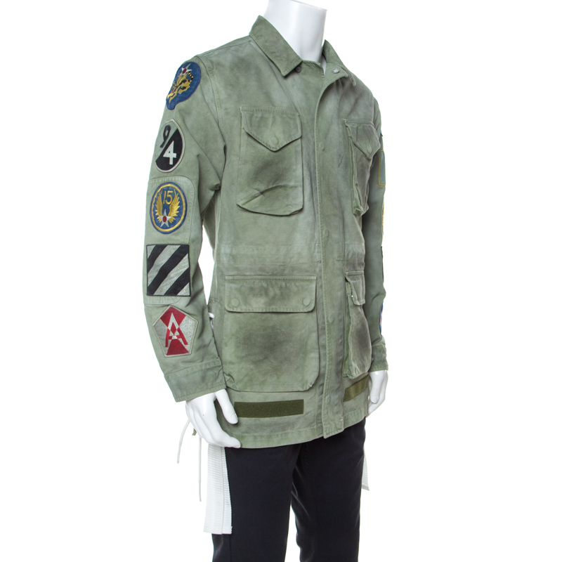 

Off White Khaki Green Cotton Worn Out Look Patch Appliqué Field Jacket