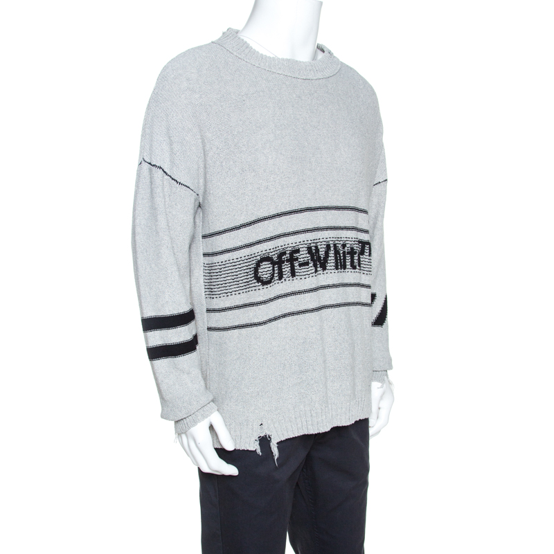 

Off White Grey Logo Embroidered Knit Distressed Jumper