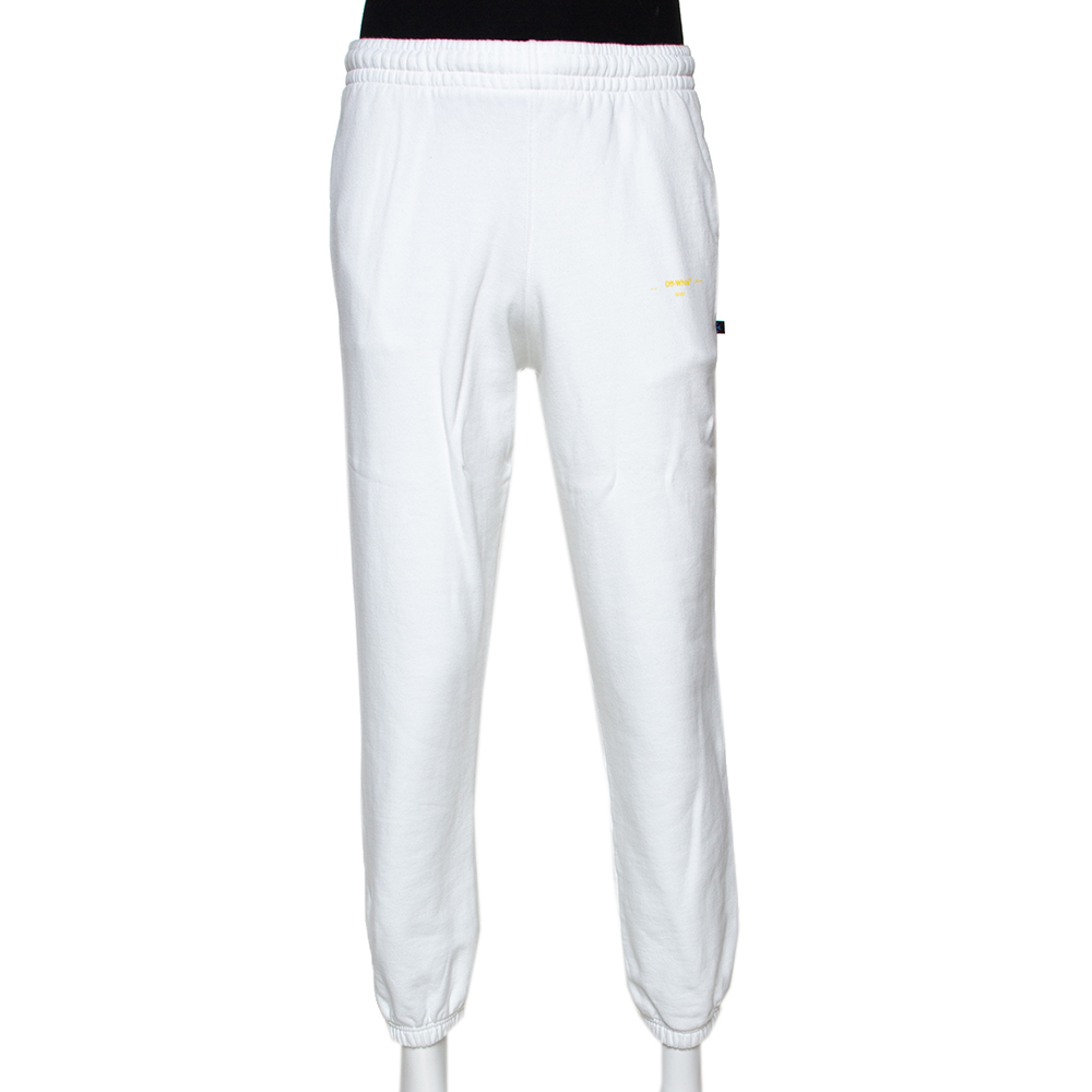 Pre Owned Off White White Cotton Yellow Logo Print Track Pants L