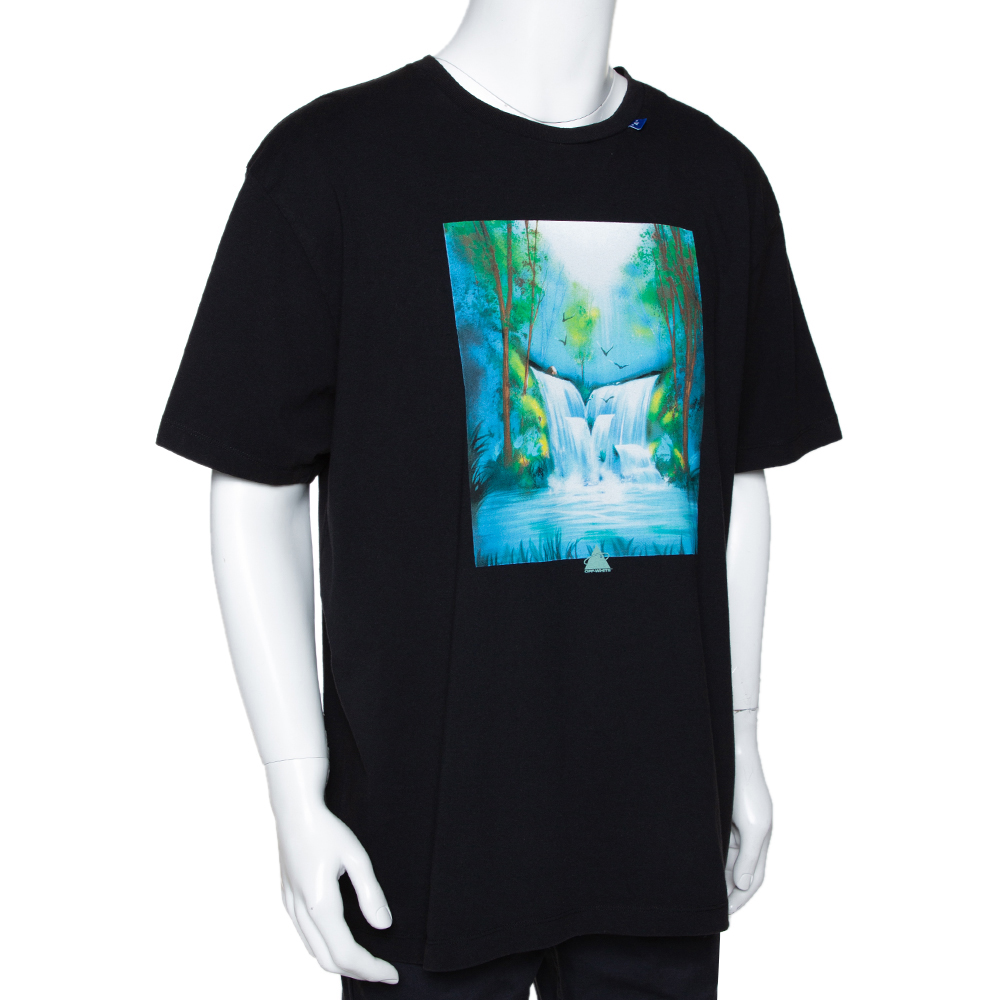 

Off-White Black Cotton Waterfall Print Round Neck T Shirt