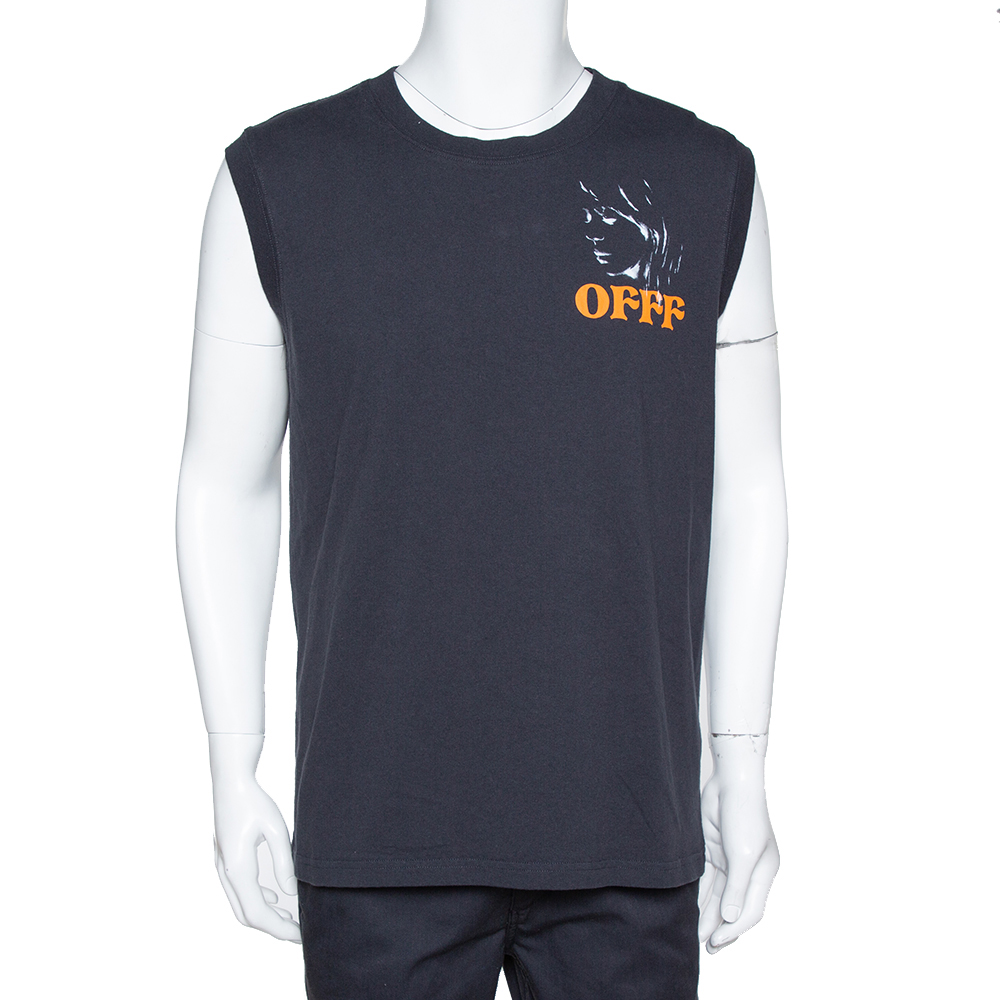 Off White Black Offf Beige Print Faded Cotton Sleeveless T-Shirt M