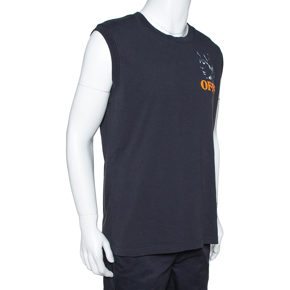 

Off White Black Offf Beige Print Faded Cotton Sleeveless T-Shirt