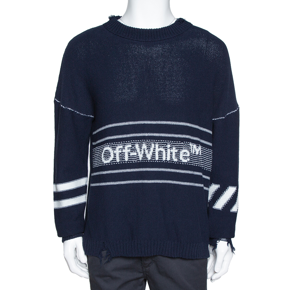

Off White Navy Blue Logo Intarsia Knit Distressed Jumper S