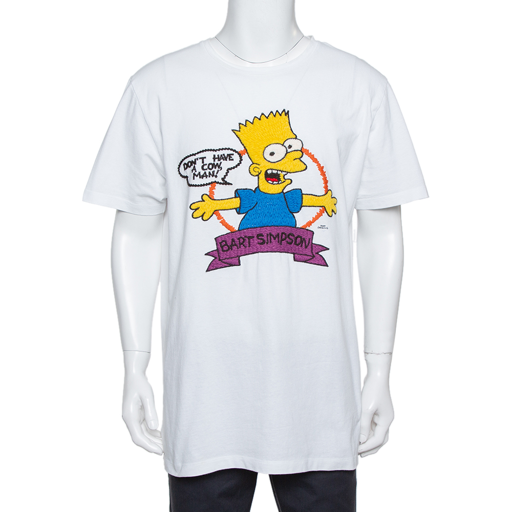Pre-owned Off-white White Simpsons Bart Embroidered Cotton Crewneck T-shirt Xl