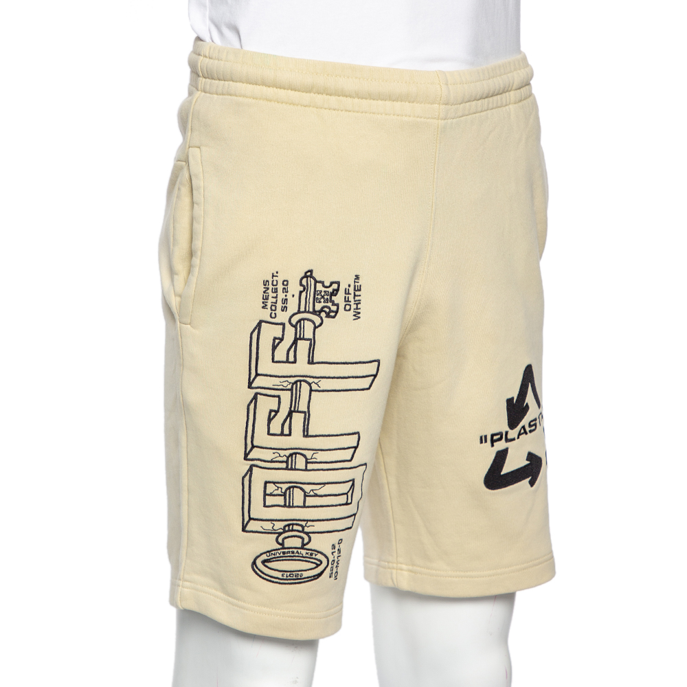 

Off White Cream Cotton Universal Key Embroidered Bermuda Shorts