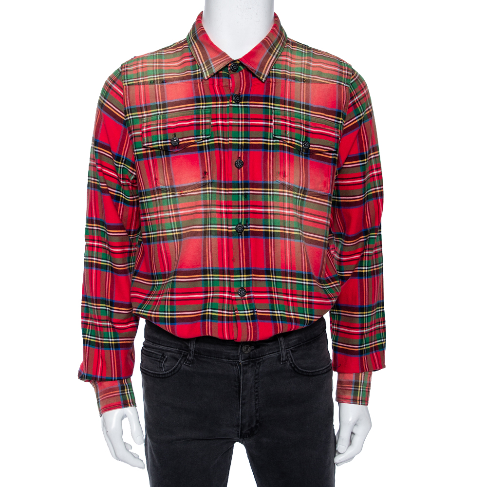 

Off White Red Checked Cotton Spray Paint Detail Shirt