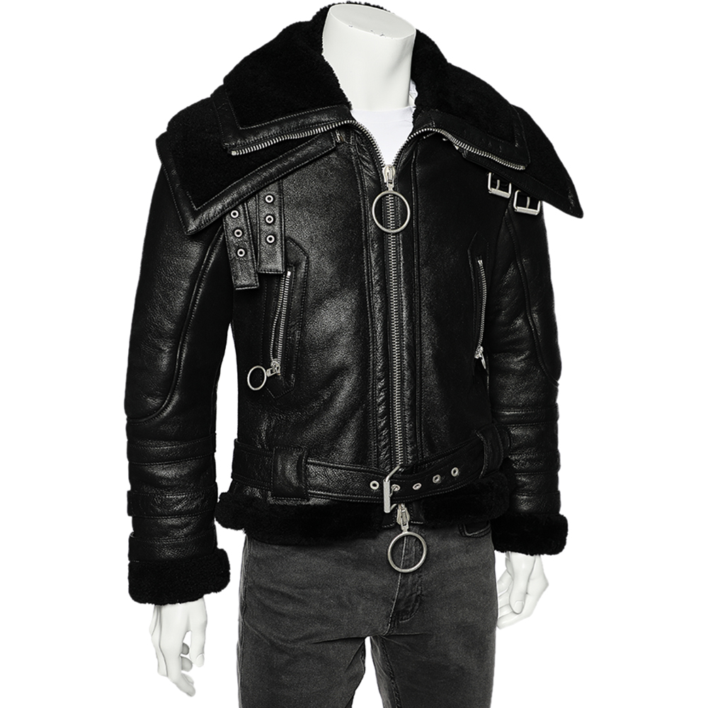 

Off-White Black Leather Double Collar Shearling Biker Jacket