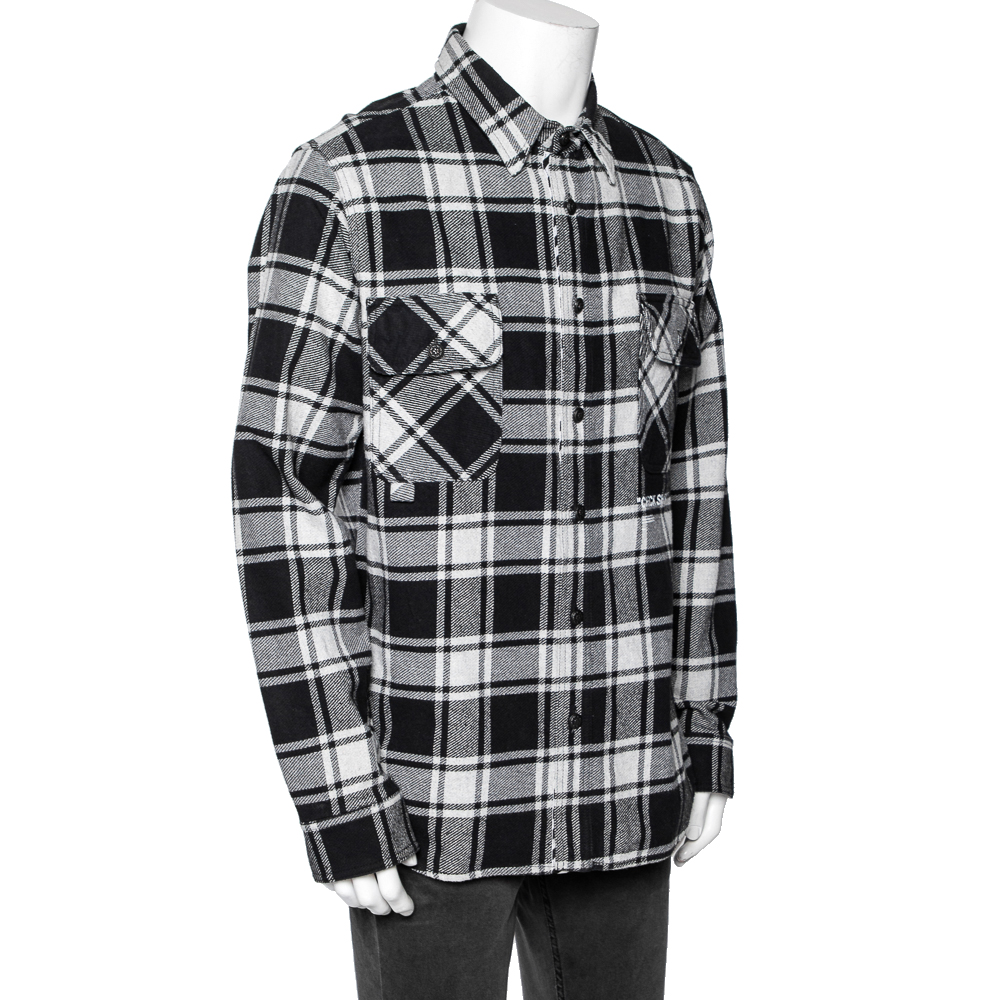 

Off-White Monochrome Checkered Flannel Quoted Button Front Shirt, Grey