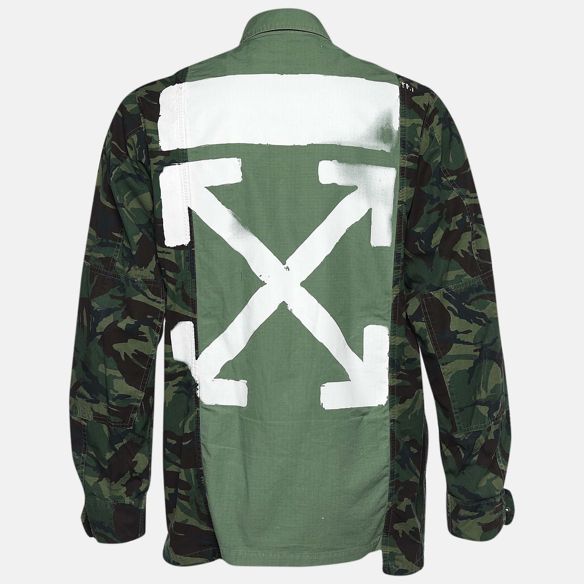 

Off-White Olive Green Camouflage Arrow Printed Cotton Button Front Jacket