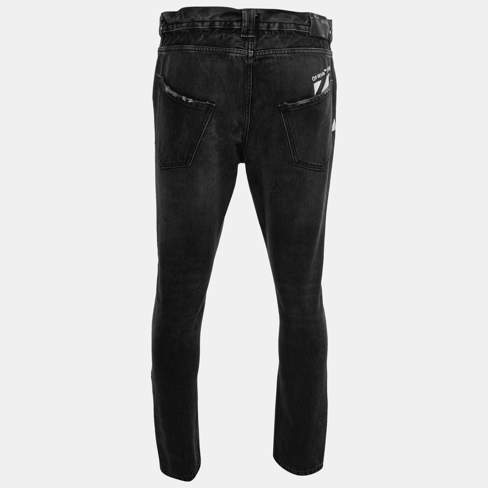 

Off-White Black Distressed Denim Logo Print Jeans  Waist 32